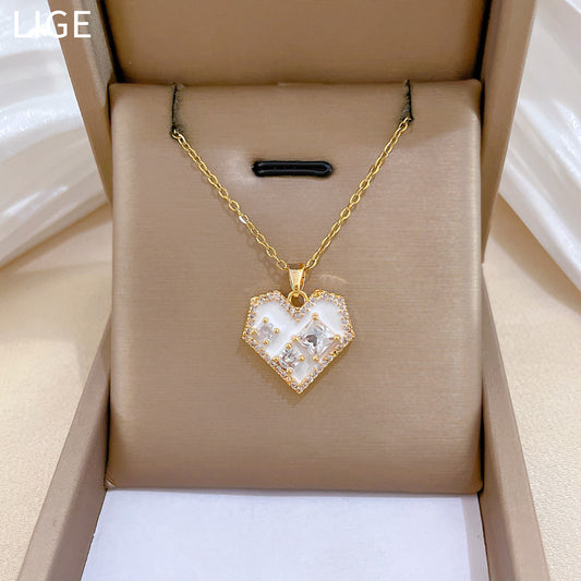Sweet Elegant Heart Drip Oil Cubic Zirconia Titanium Steel Necklace for Unisex