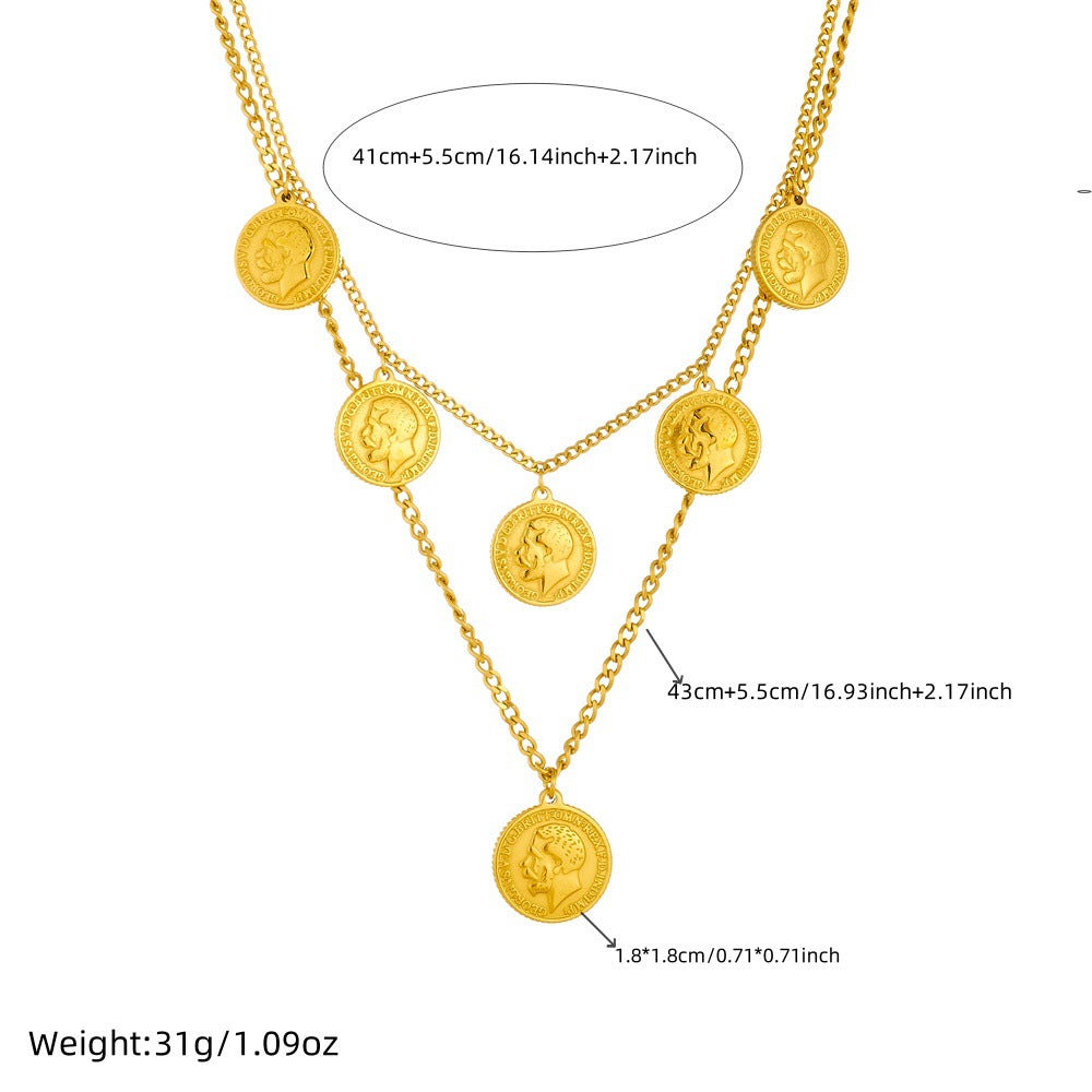 Vintage Geometric Stainless Steel Pendant Necklace for Women with Plated Finish Double-Layered Minimalist Locket Necklace