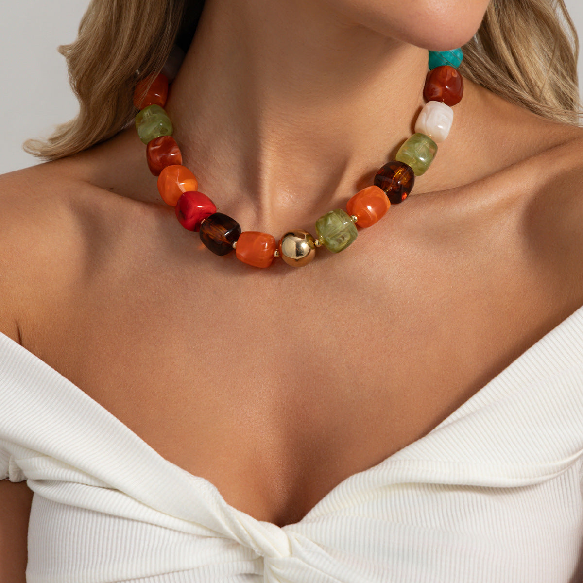 Bohemian Vintage Geometric Round Resin Beaded Necklace for Women DIY Charm Bar
