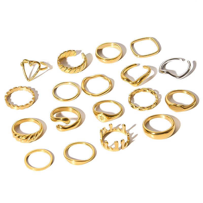 Minimalist Stainless Steel Ring with Crown Heart Bow Knot Leaf Wave Diamond Drop Star Geometric Shape 18K Vacuum Plated Gold Finish Women's Band