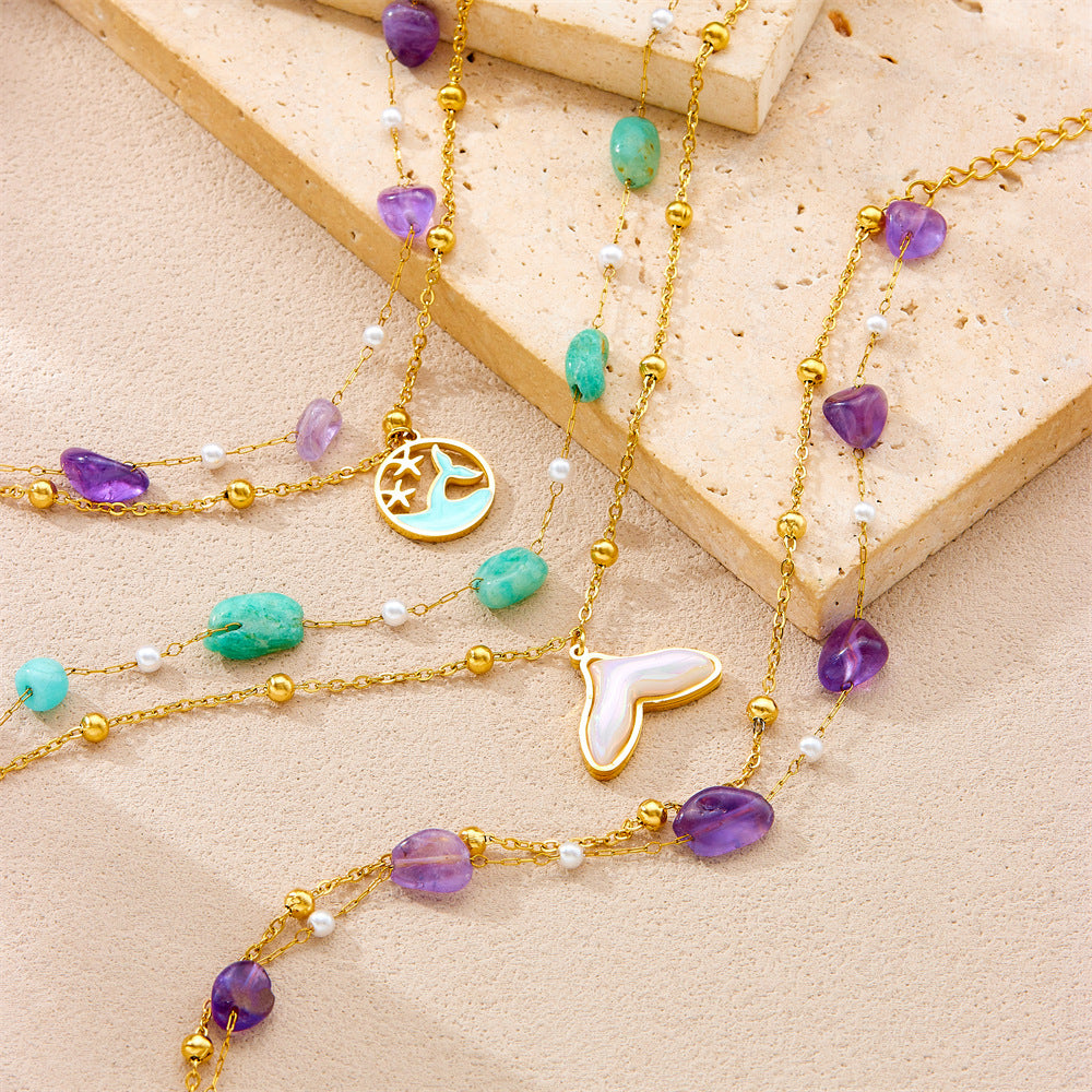 Cavigliera da donna con stella marina e delfino di perline viola, ispirata all'oceano, con catena doppia in acciaio inossidabile