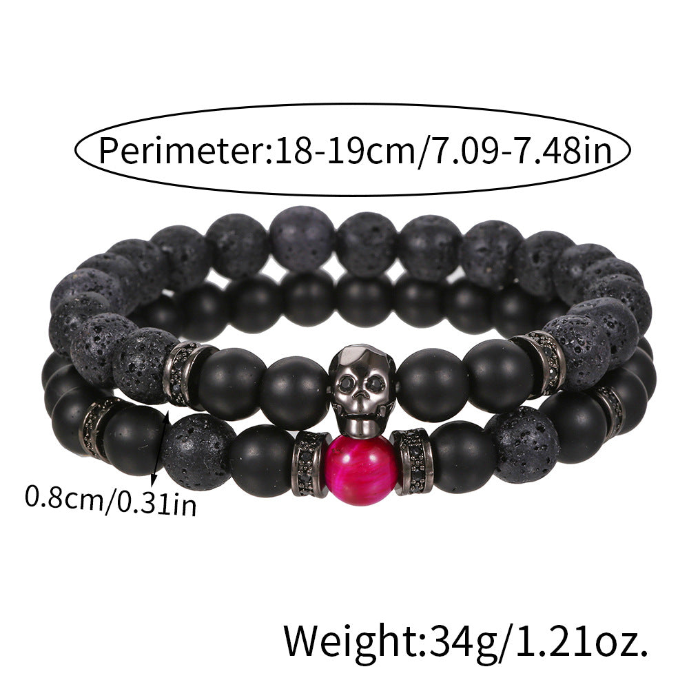 Men's Micro-Paved Cubic Zirconia Skull Geometric Lava Stone Bracelet Set