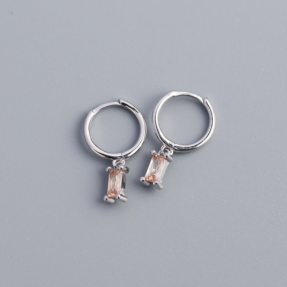 Minimalist 925 Sterling Silver Rectangle Geometric Inlaid Cubic Zirconia Hoop Earrings