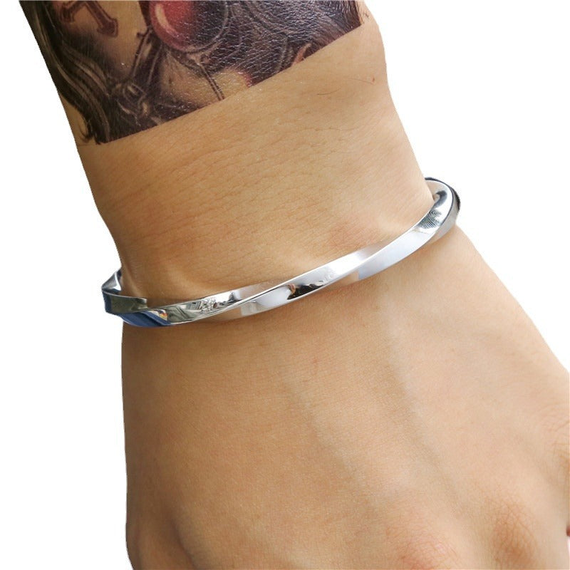 Fashion Twisted Geometric Round Titanium Steel Plated Open C-Shape Bangle Bracelet for Unisex