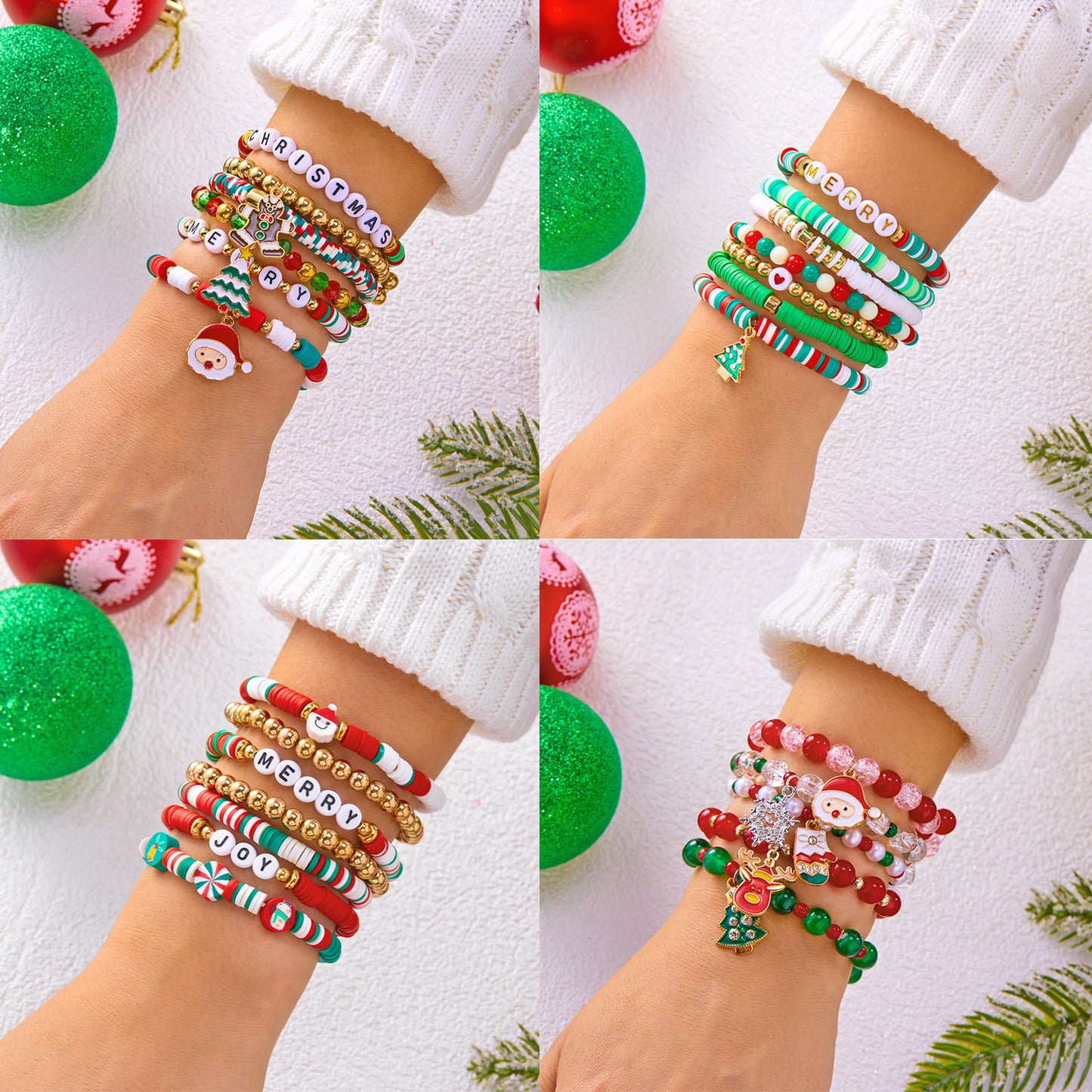 Sweet and Edgy Christmas Tree and Heart Polymer Clay Beaded Bracelet Set for Women Alloy Multi-Layer Stacking Bracelets