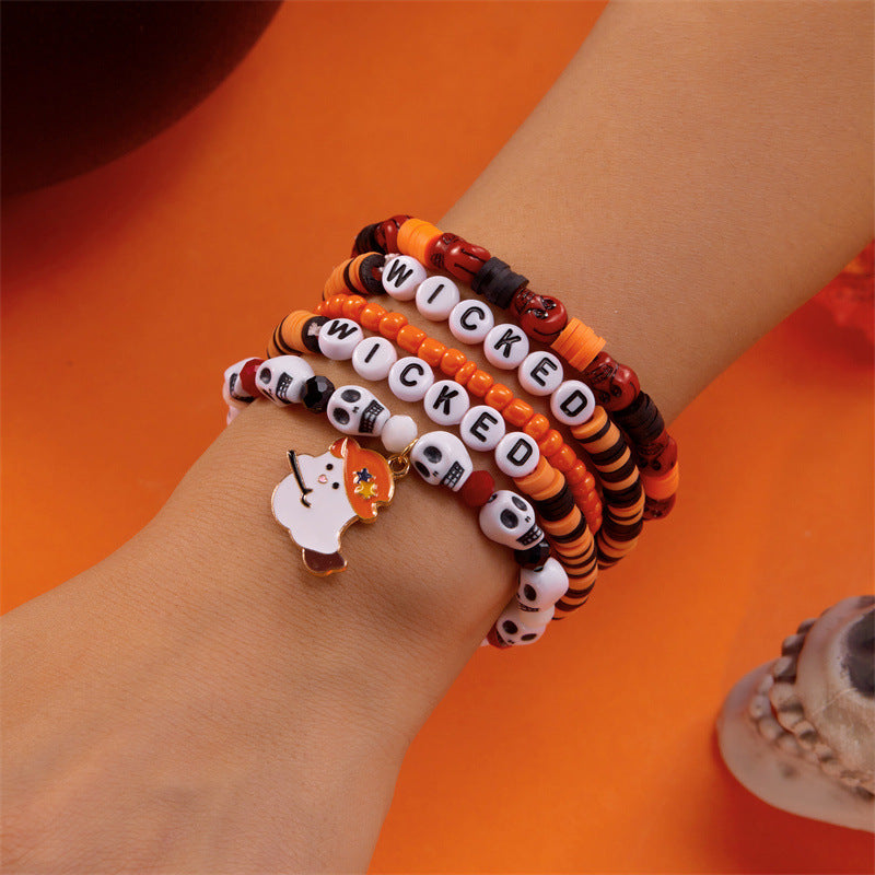 Bracciale da donna con perline a forma di teschio, zucca e fantasma in stile cartone animato, con ciondolo in lega e tema festa di Halloween