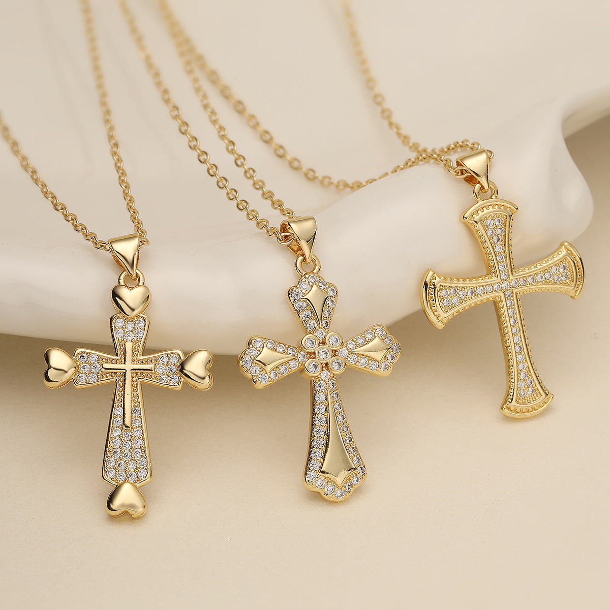 Minimalist Cross Pendant Necklace for Women with Copper Base Plated in 18K Gold and Zircon Inlay