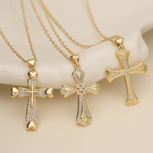 Minimalist Cross Pendant Necklace for Women with Copper Base Plated in 18K Gold and Zircon Inlay