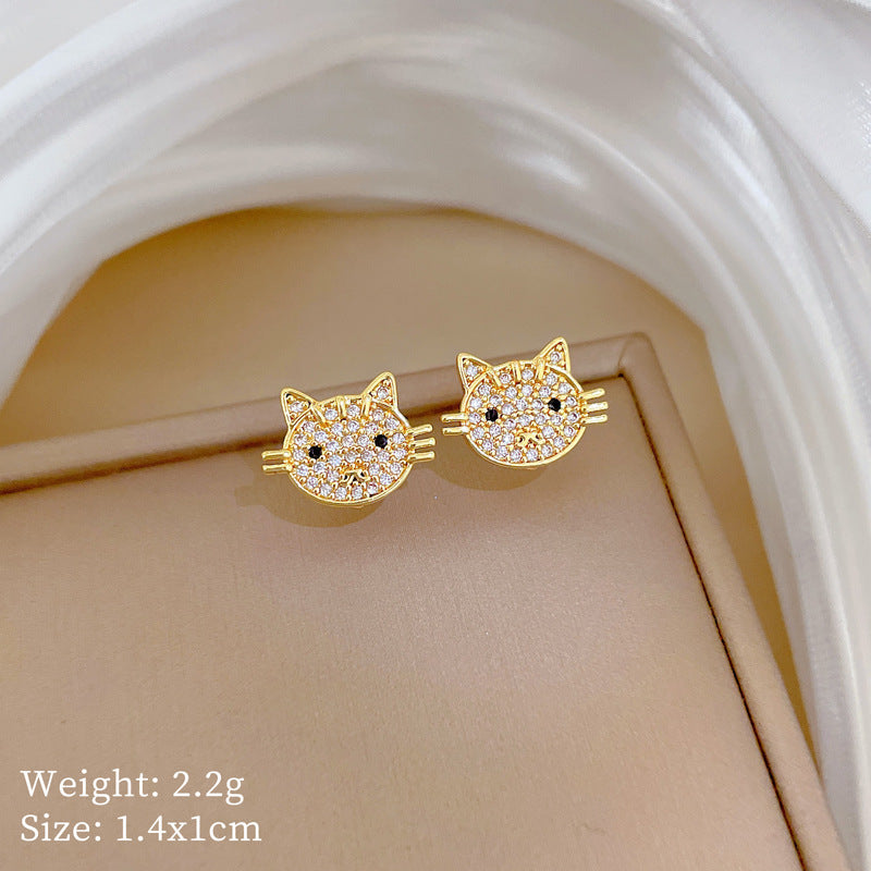 Sweet Cartoon Full Cubic Zirconia Cat and Moon Pendant Titanium Steel Necklace Set for Unisex
