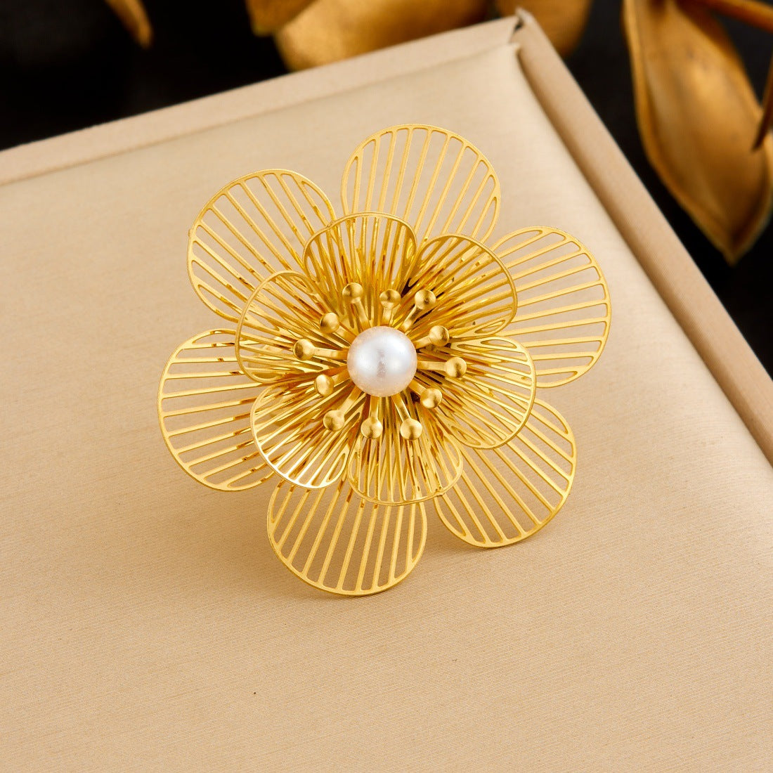 Gold Plated Stainless Steel Hollow Layered Flower Butterfly Ring for Women