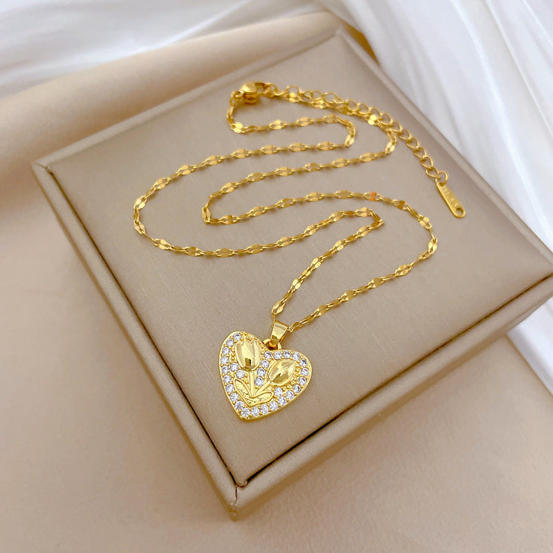 Minimalist Heart Rose Floral Pendant Necklace for Women Stainless Steel Snake Chain with Rhinestone Accents
