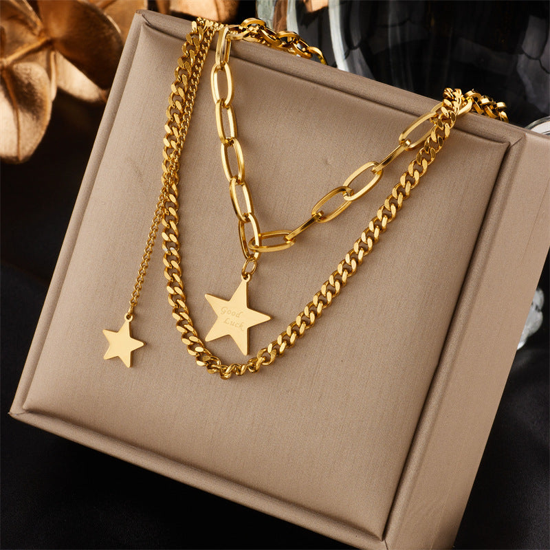 Collana da donna con ciondolo a stella a doppio strato minimalista in acciaio al titanio con finitura placcata