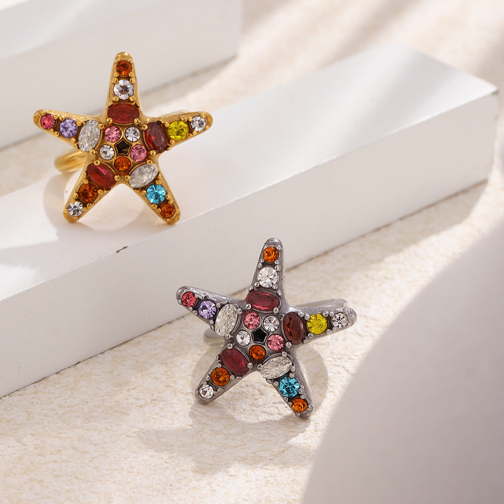 Creative Minimalist Star Geometric Stainless Steel Gold Plated Cubic Zirconia Ring for Women