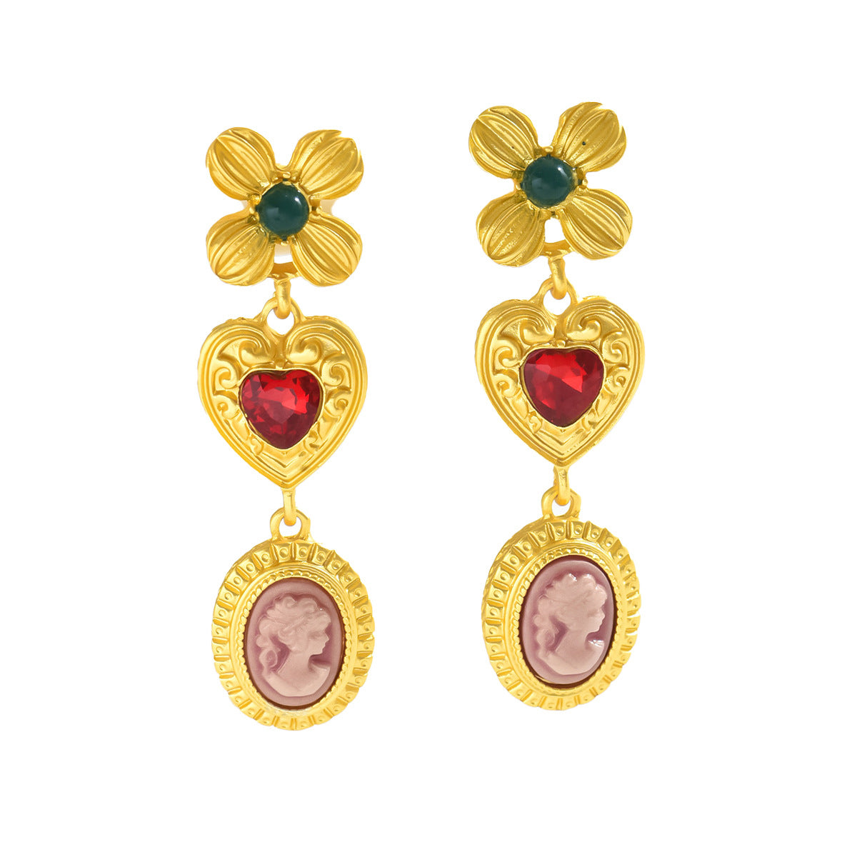 Pendientes vintage de aleación con forma de corazón artístico para mujer, con incrustaciones de pedrería y motivo de trébol en estilo floral minimalista