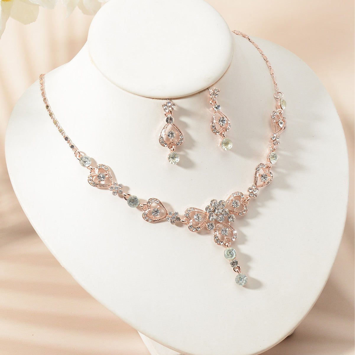 Parure di collana e orecchini floreali eleganti placcati con strass da donna per matrimoni e feste