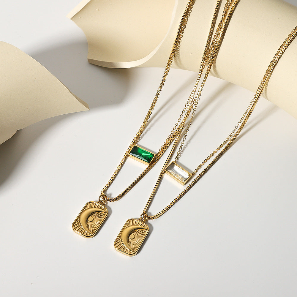 INS Style Moon and Sun Pendant Necklace Set with Zirconia on Stainless Steel Double Layer O-Chain for Women