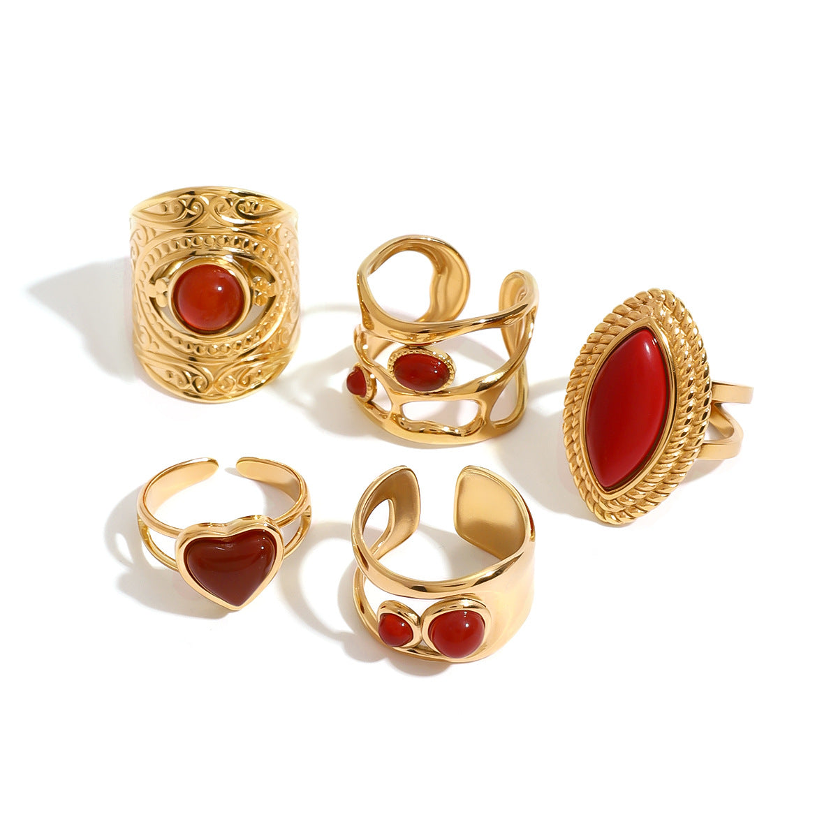 Anello geometrico in acciaio inossidabile con intarsio in agata rossa da donna, accessorio di moda regolabile aperto elettroplaccato