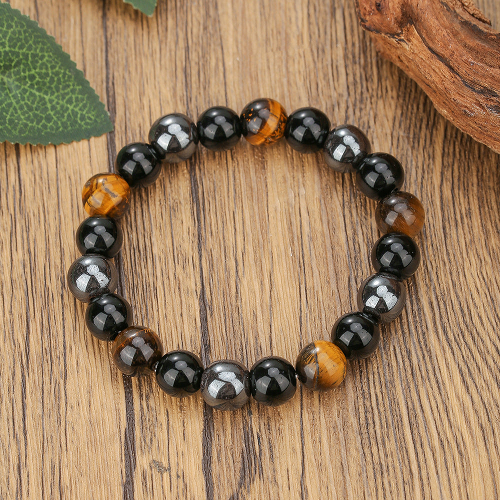 Vintage Geometric Tiger's Eye and Hematite Hand-beaded Bracelet for Men and Women