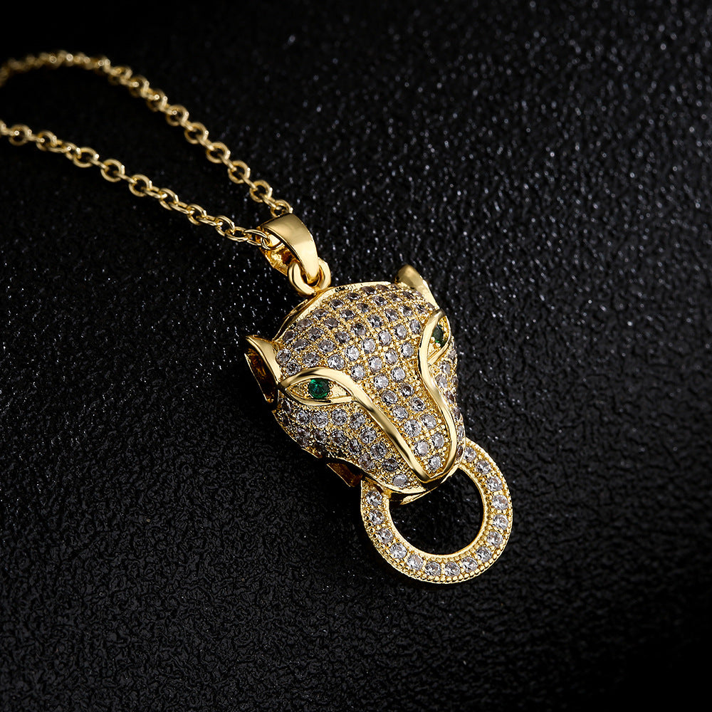 Minimalist Dinosaur Leopard Head and Dragonfly Pendant Necklace in Copper with 18K Gold Plating and Zircon Inlay