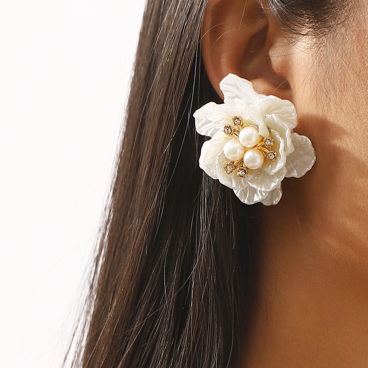 Dulce Collar Reto Geométrico de Camelia con Perlas de Imitación y Diamantes de Imitación para Mujer