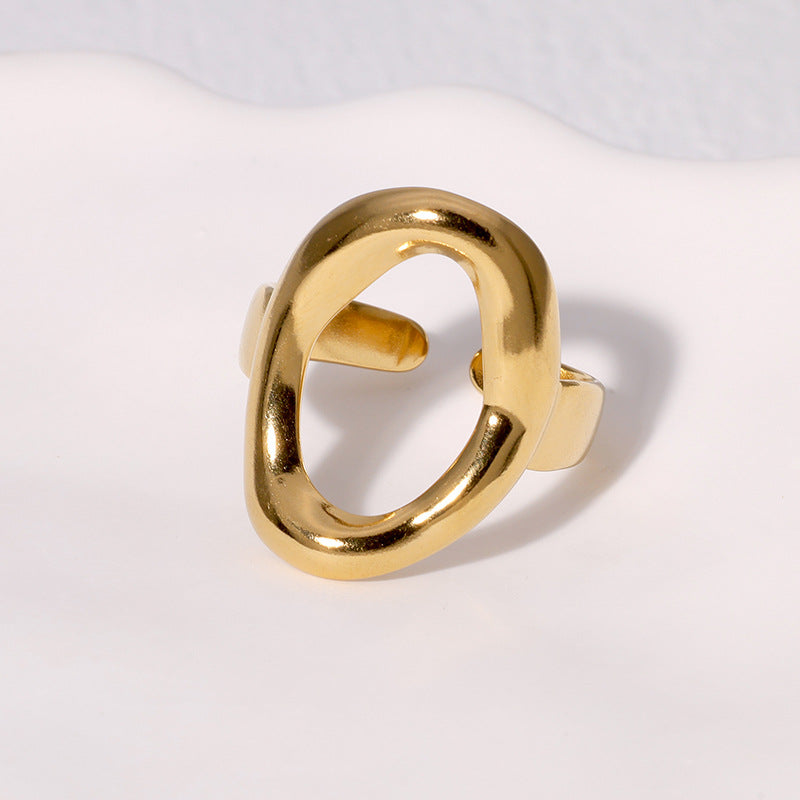 Minimalist Geometric Oval Stainless Steel Ring for Women with 18K Gold Plating