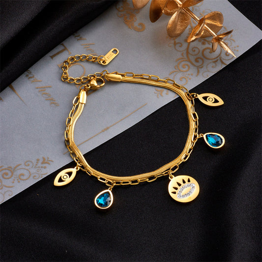 Minimalist Retro Blue Rhinestone Teardrop Hollow Eye Bracelet in Titanium Steel with Double Layer Chain