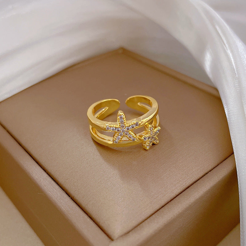 Minimalist Sweet Gold Plated Starfish Crown Micro-set Cubic Zirconia Brass Ring for Women