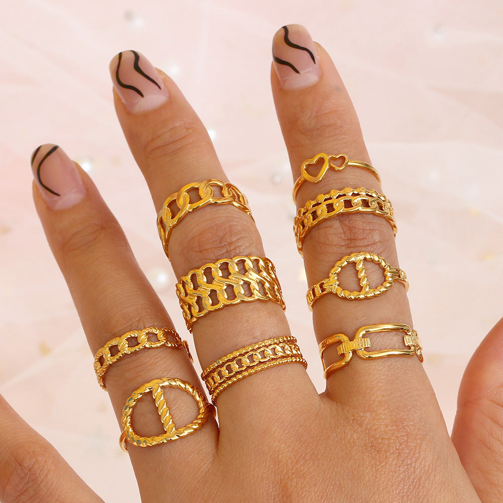 Vintage-Inspired Geometric Stainless Steel Ring with Gold Plating for Women