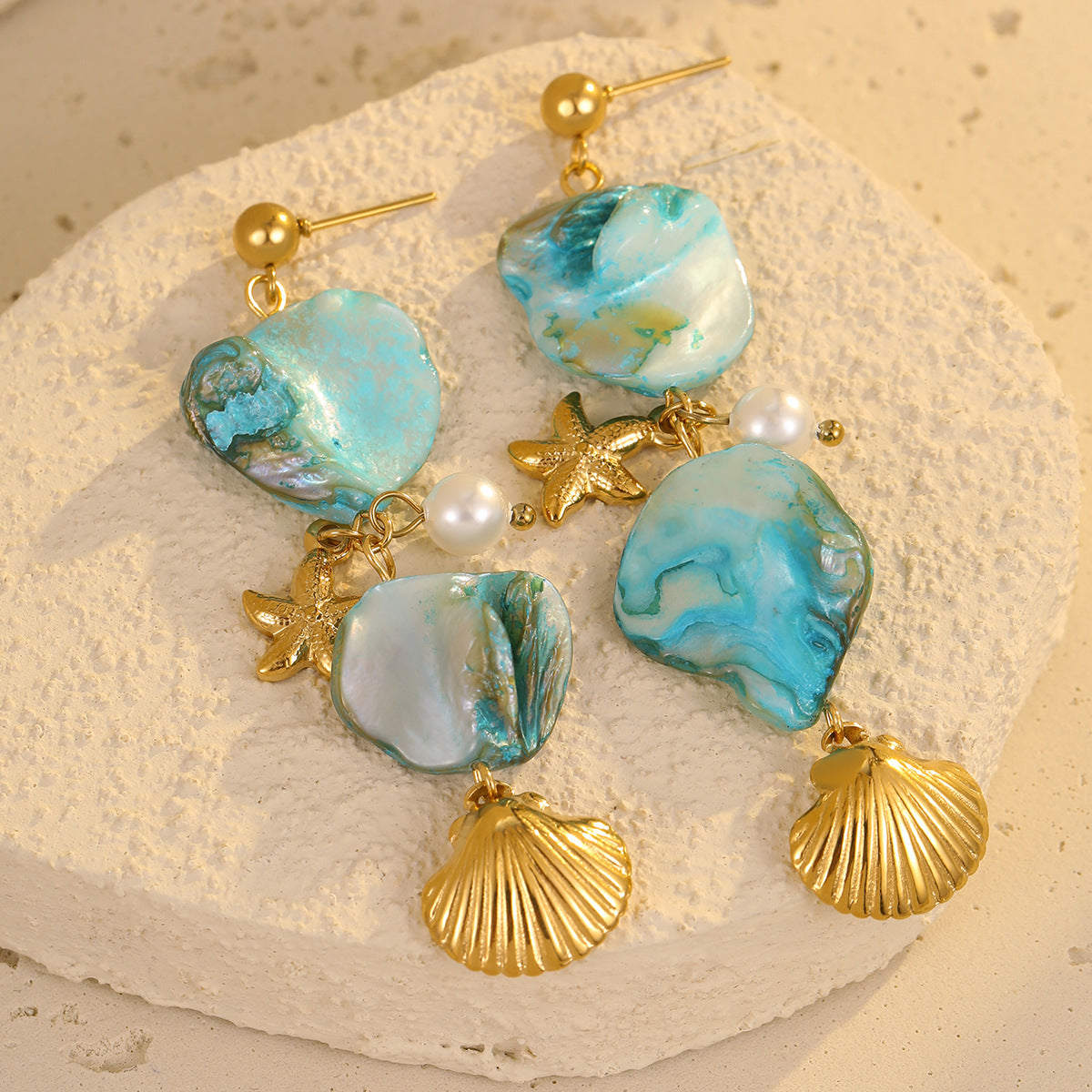 Pendientes de borla de acero inoxidable estilo playa bohemio con detalles de perlas y conchas de estrella de mar