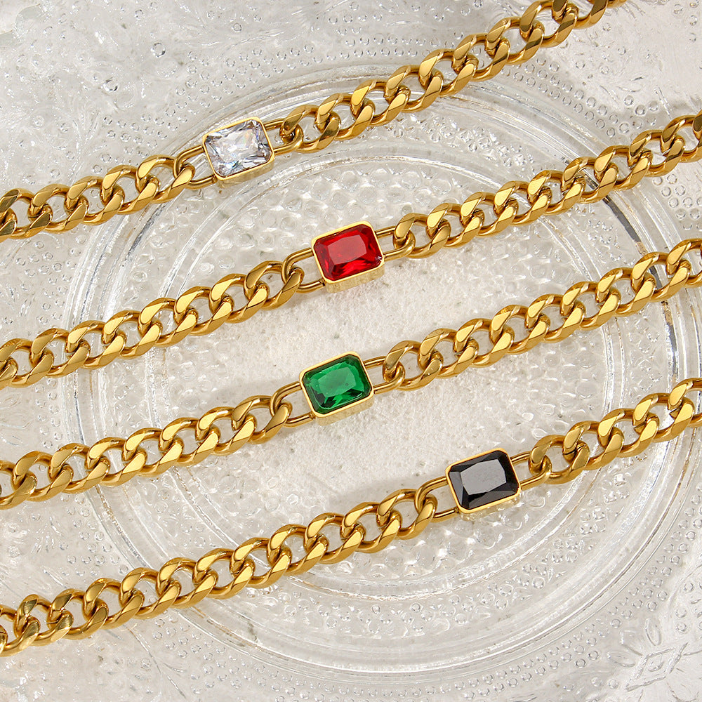 Collana da donna con catena cubana placcata in acciaio inossidabile e oro 18 carati, con pendente quadrato in zircone, in stile vintage