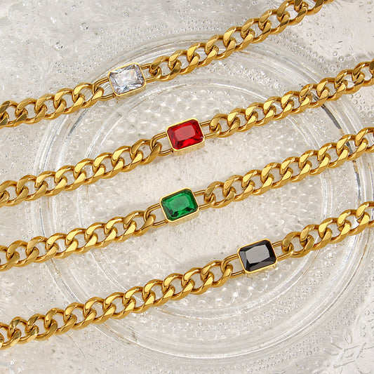 Vintage-Inspired Fashion Stainless Steel Plated 18K Gold Cuban Chain Necklace with Square Zircon Pendant for Women