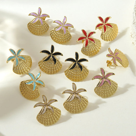 Pendientes de acero inoxidable con conchas de estrellas de mar, goteo de aceite minimalista y dulce