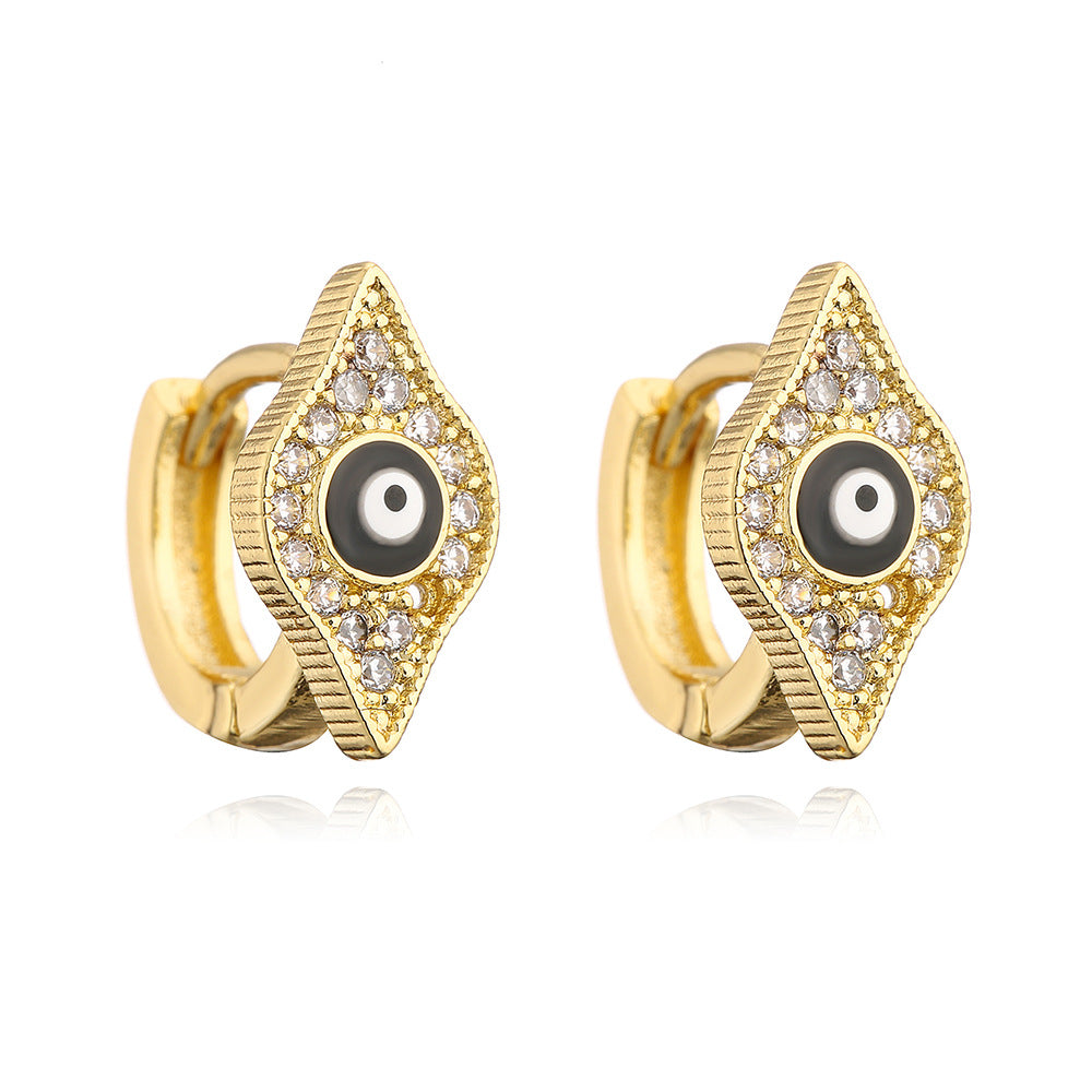 Orecchini a Cerchio da Donna con Occhio di Allah Geometrico Minimalista in Rame con Placcatura in Oro 18K e Intarsio in Zirconia Smaltata