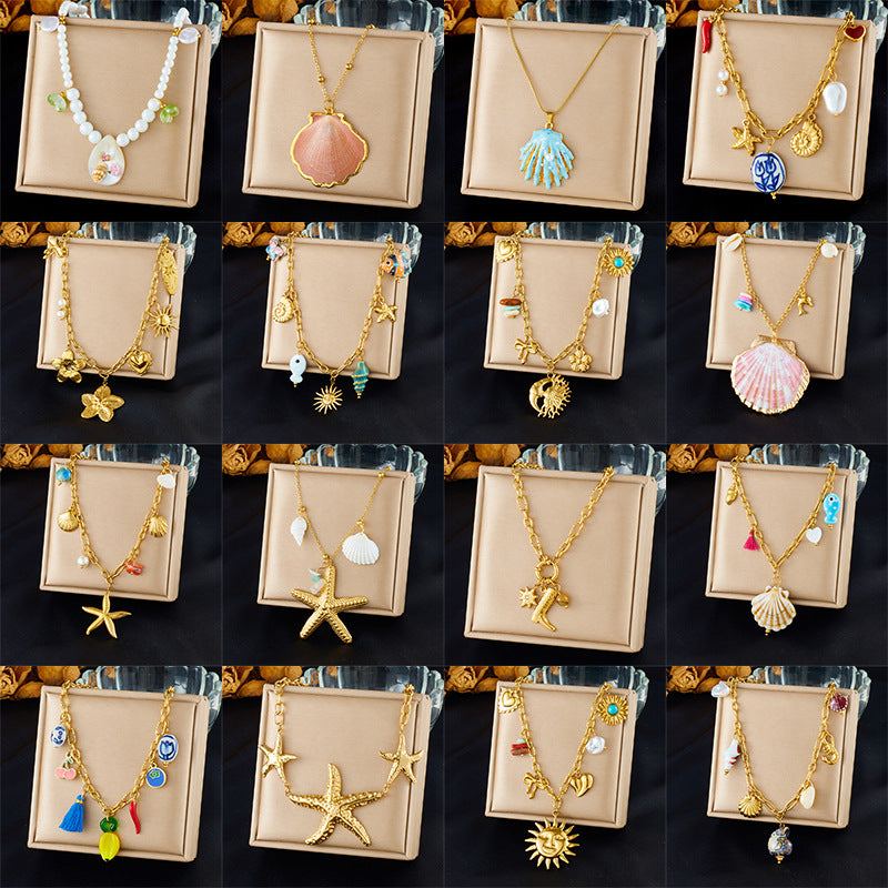 Stainless Steel Plated Star and Shell Pendant Necklace with Cable Chain for Women