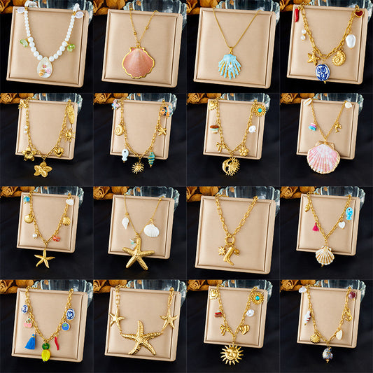 Stainless Steel Plated Star and Shell Pendant Necklace with Cable Chain for Women