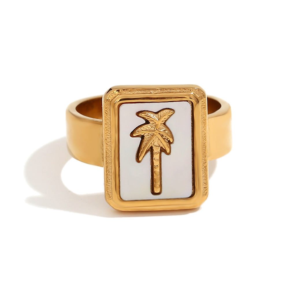 Fashionable Geometric Stainless Steel Plated 18K Gold Pendant Necklace with Mother-of-Pearl and Coconut Tree Design for Women