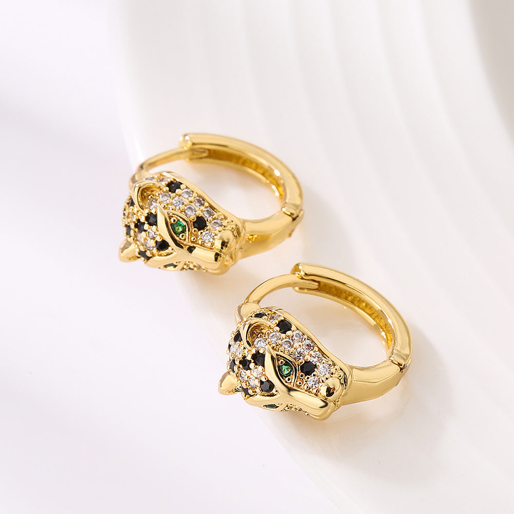 Fashionable Leopard-Shaped Geometric Earrings for Women with Copper Base Plated in Real Gold and Zircon Inlay