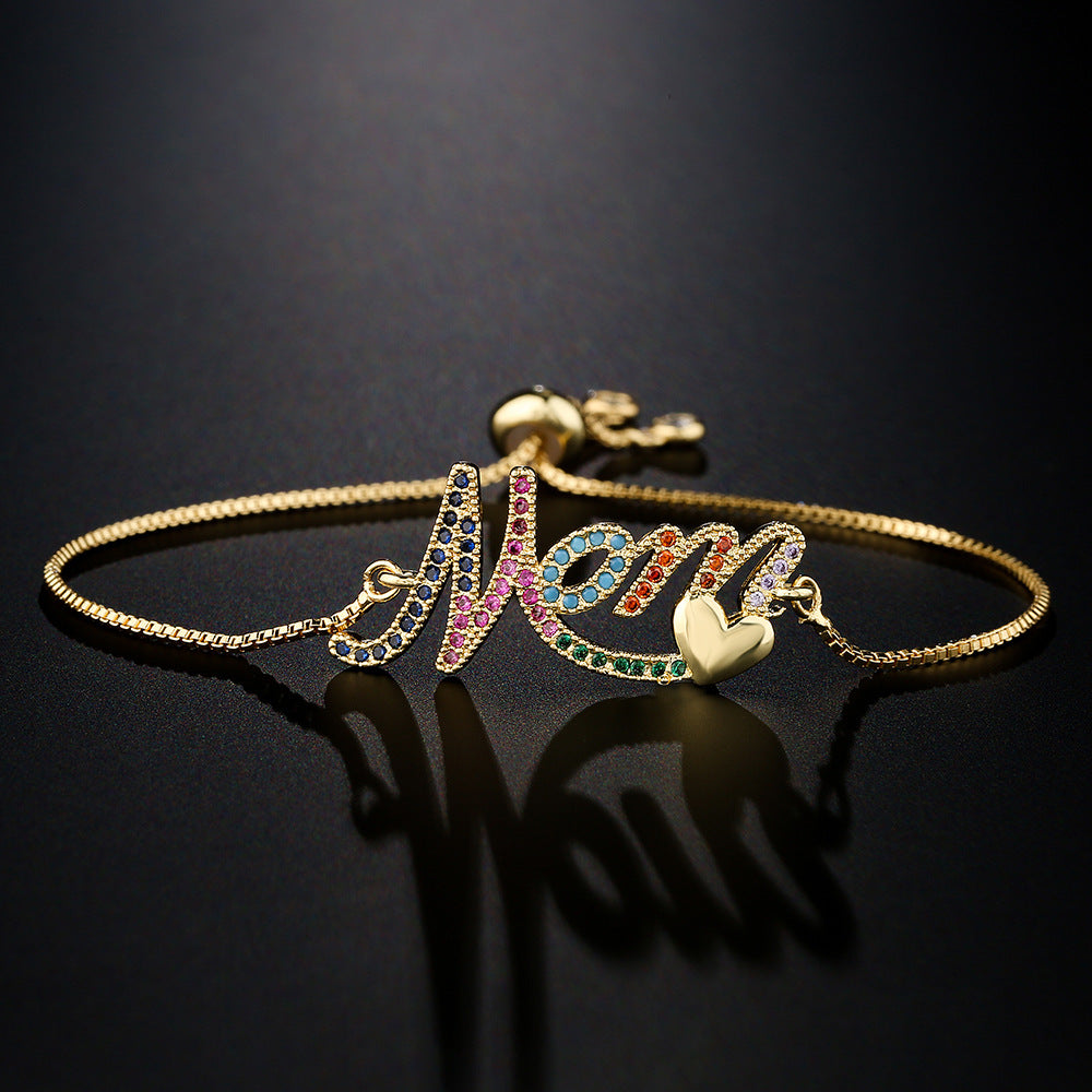 Geometric Style MOM Heart Pendant Bracelet in Copper with 18K Gold Plating and Cubic Zirconia Inlay