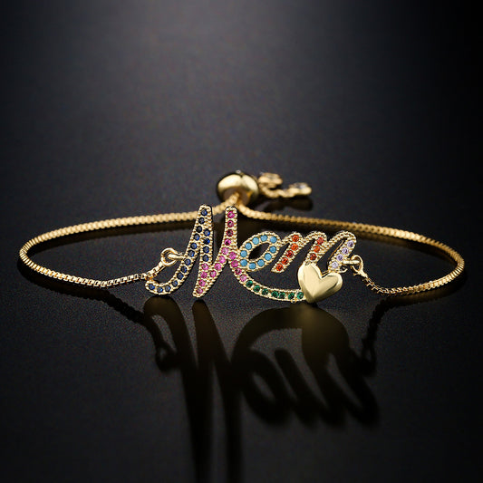 Geometric Style MOM Heart Pendant Bracelet in Copper with 18K Gold Plating and Cubic Zirconia Inlay