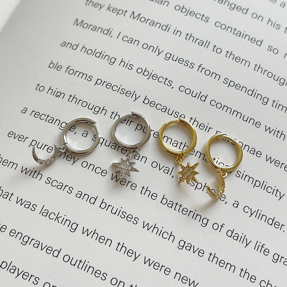Sweet 925 Sterling Silver Star Moon Asymmetric Earrings with Rhinestone
