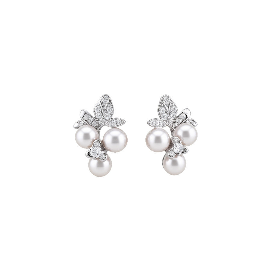 Elegante conjunto de collar y pendientes de perlas con diseño floral estilo francés, con detalles de pedrería, acabado chapado, cadena de clavícula, para mujer