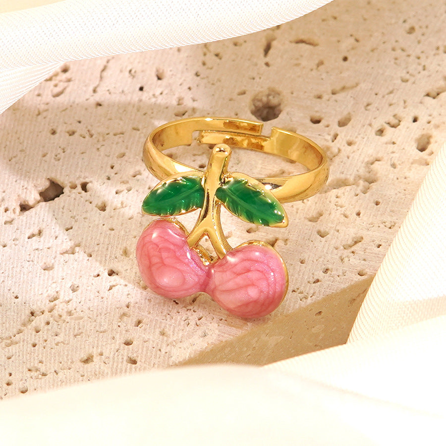 Sweet Drip Oil Stainless Steel Cherry Ring for Women