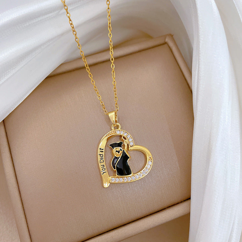 Sweet Minimalist Heart Drip Oil Rhinestone Pendant Necklace Titanium Steel Chain for Unisex