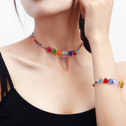 Juego de collar con colgante de corazón y oso de cuentas coloridas estilo bohemio para mujer con material de aleación y acabado chapado