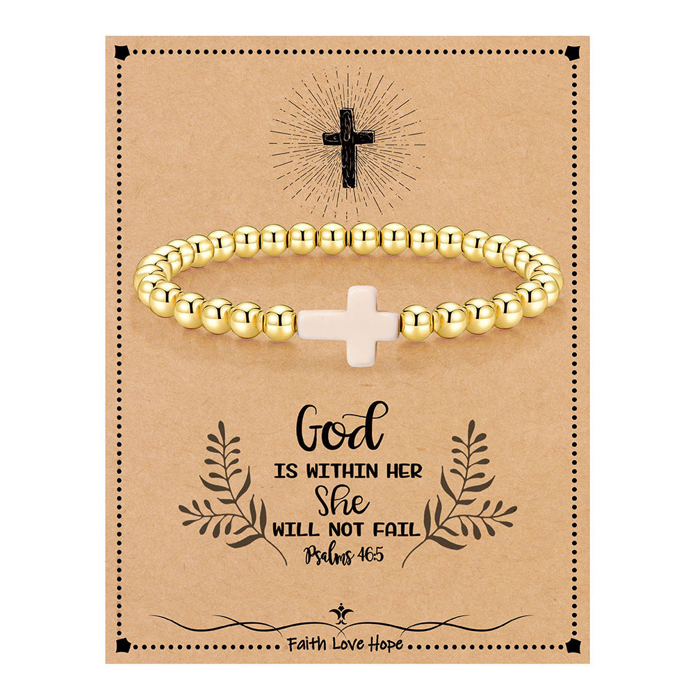 14K Gold Plated Hematite Bead Bracelet with Cross Pendant for Women