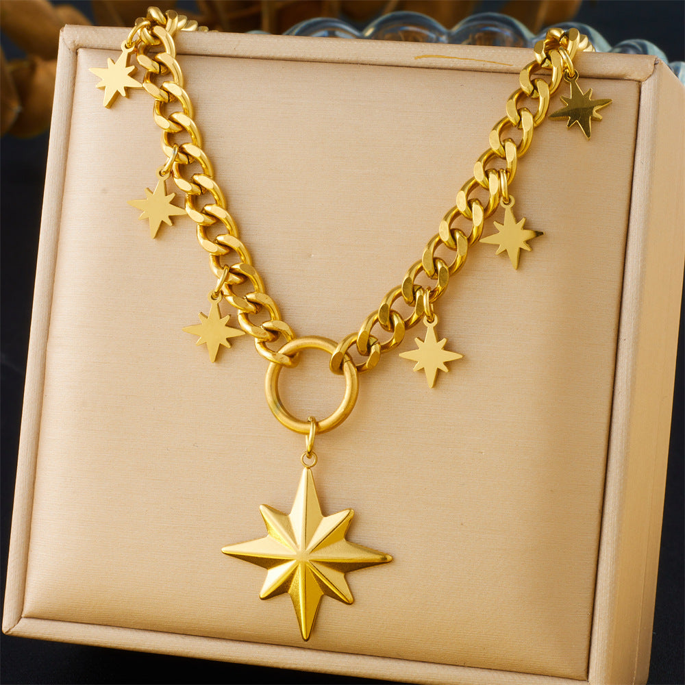 Casual Business Stainless Steel Plated Star Geometric Rhinestone Wing Sun Pendant Necklace for Women