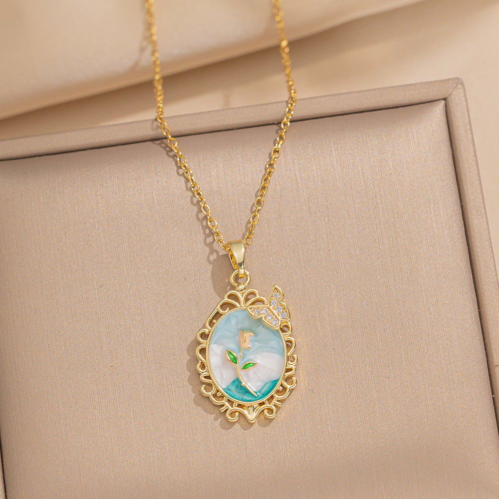 Baroque Style Leaf-Shaped Titanium Steel Necklace with Tulip Floral Motif, Vacuum-Plated for Hypoallergenic Wear, O-Chain Design