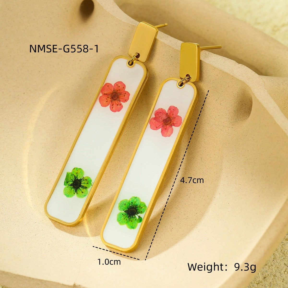 Pendientes de esmalte con colgante de flor seca en forma de corazón geométrico vintage en acero de titanio con acabado chapado