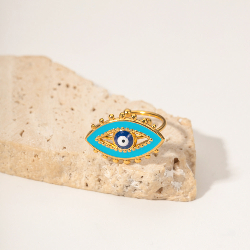 Anello da donna alla moda con occhio di Allah geometrico in smalto blu, placcato oro 18 carati in acciaio inossidabile
