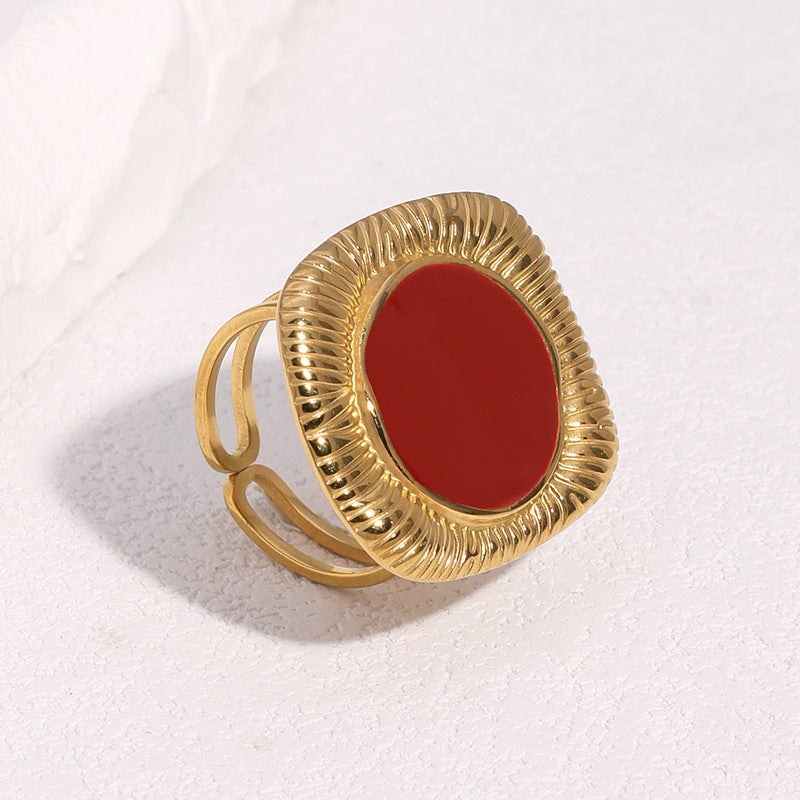 Minimalist Geometric Stainless Steel Open Ring for Women with 18K Gold Plating and Enamel Finish